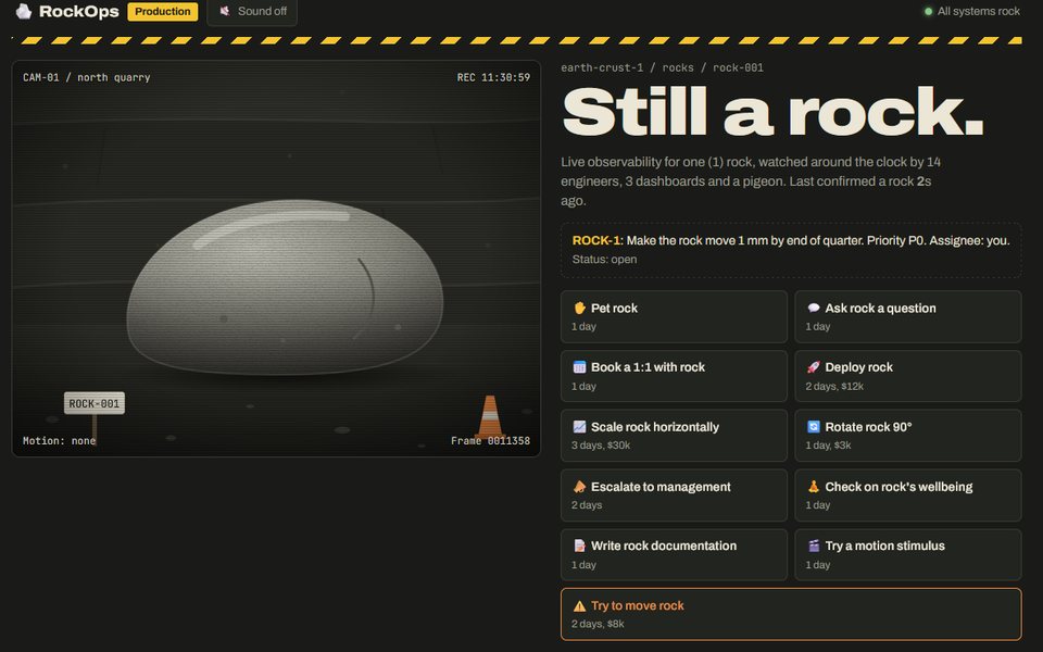 RockOps: a security camera view of a rock next to a dashboard of actions such as Pet rock and Deploy rock